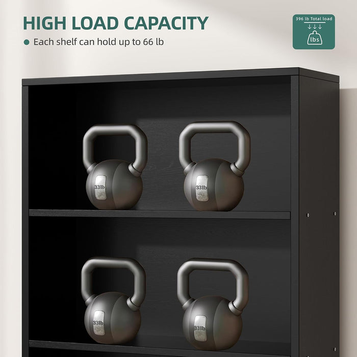 Bookshelf, Industrial Bookshelves and Bookcases with Doors Floor Standing 6 Shelf Display Storage Shelves 70.6 Inches Tall Bookcase for Home Office, Living Room (Black)