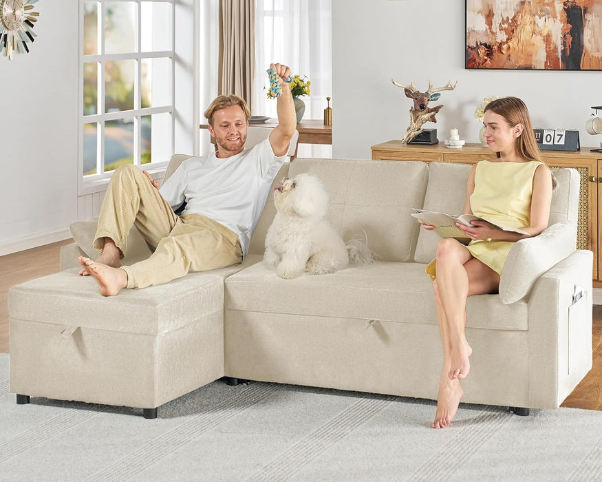 Linen Beige Multifunctional Sleeper Sofa With Storage