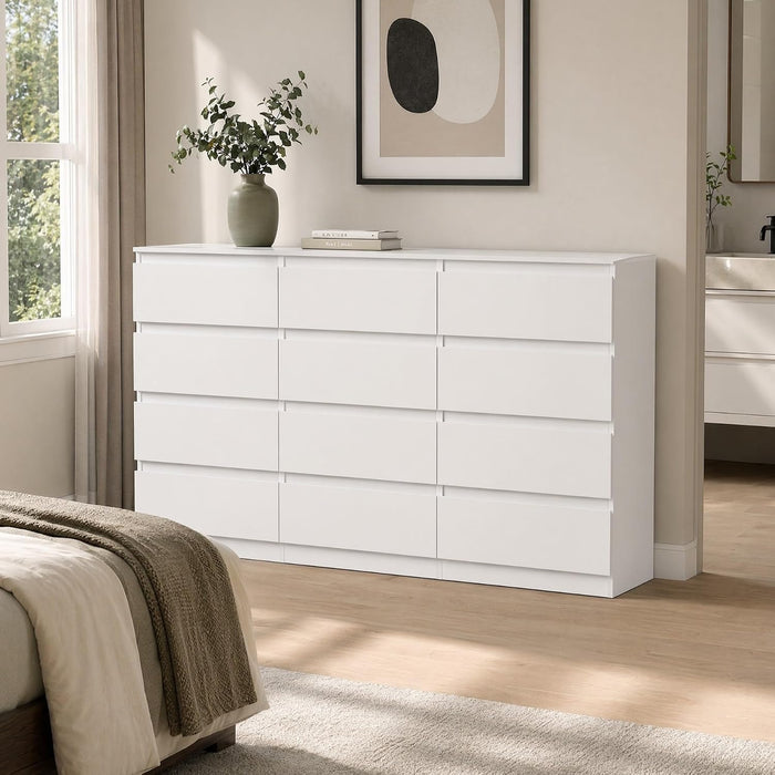 White 12 Drawer Dresser for Bedroom,Modern Long Deep Drawer Dresser,Wood Storage Chest of Drawer, Storage Organizer Drawers for Living Room