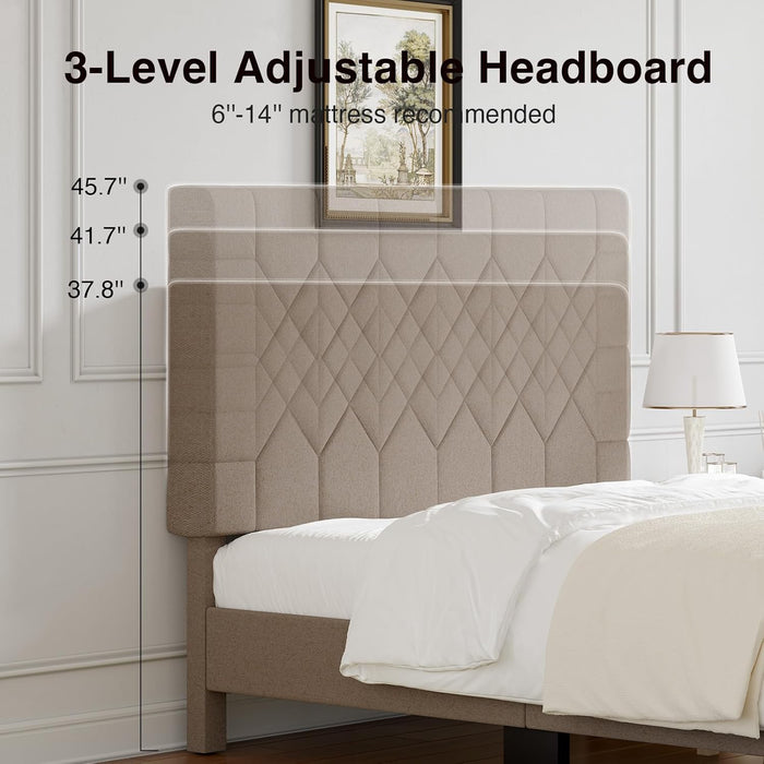 Full Size Bed Frame, Full Bed Frame with Wood Slats Support, Linen Upholstered Pull-Point Headboard, No Box Spring Needed, Metal Support Heavy Duty Feet, Easy Assembly, Beige