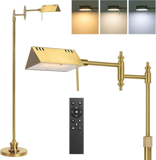 Dimmable Pharmacy Floor Lamp with Remote, 17W Gold LED Reading Floor Lamp with 360°Swing Arm, 3 Color Temperature, Height Adjustable Standing Task Lamp for Living Room, Bedroom, Office, Antique Brass