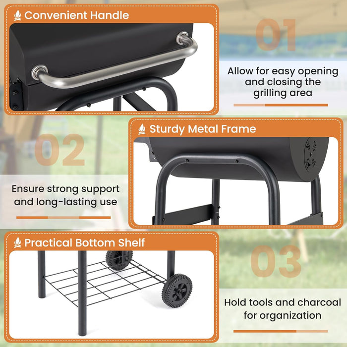 Portable Charcoal Grill with Foldable Side Table, Outdoor BBQ Smoker Grill with Wheels, Thermometer, Adjustable Air Vent, Bottom Shelf, Barrel Barbecue Grills for Patio, Camping & Tailgate