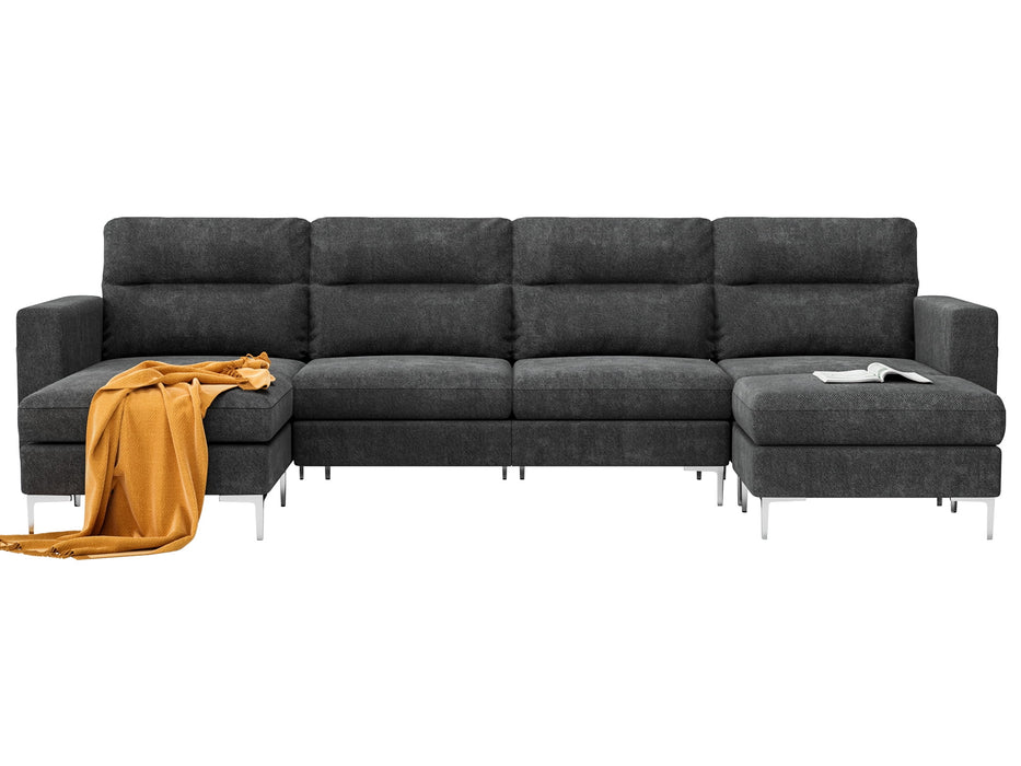 U-Shape Sectional Sofa with Chaise and Ottoman, Movable Modular Couch with Fabric Thick Cushion for Living Room, Dark Grey