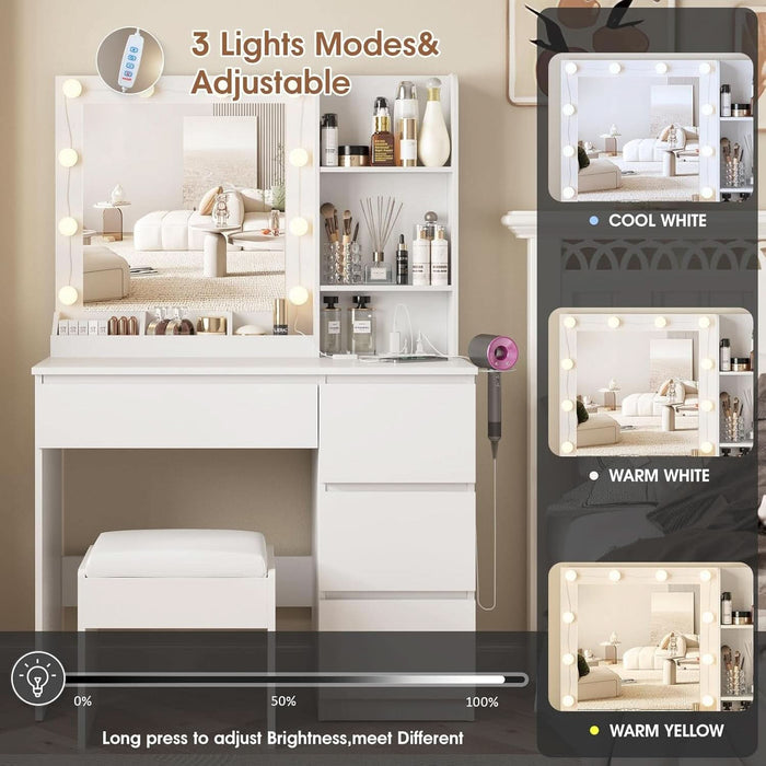 Vanity, Makeup Vanity Desk Set with Mirror & Light, Dressing Table Storage Lots with Power Strip, 3 Lighting Modes with Adjustable Brightness, 37 Inches (White) (White with Stool)