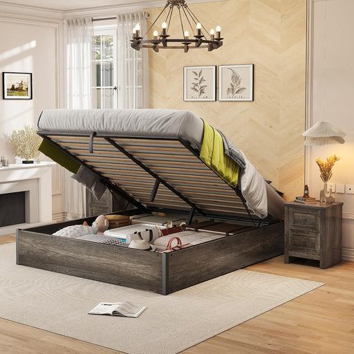 Lift up Storage Bed, Full Bed Frame with Storage Underneath, Wooden Platform Bed Frame, Solid Wood Slats Support, No Fixed Headboard, No Box Spring Needed, Rustic Grey