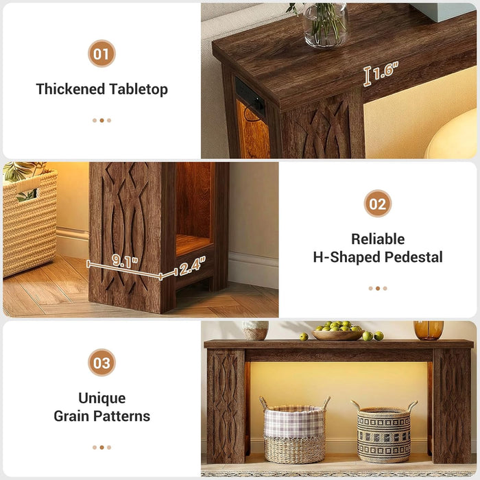 63" Console Table with Outlet, Farmhouse Entryway Table with Colorful LED Lights, Wooden Sofa Table with Unique Carved Design, Foyer Accent Table for Entrance, Hallway, Living Room