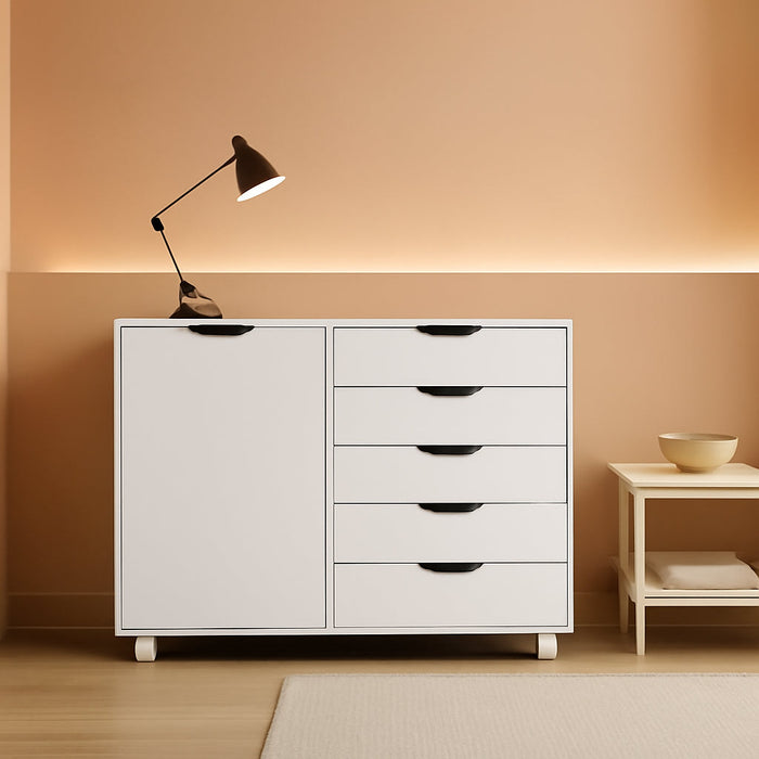 White Dresser with 5 Drawers & Wheels