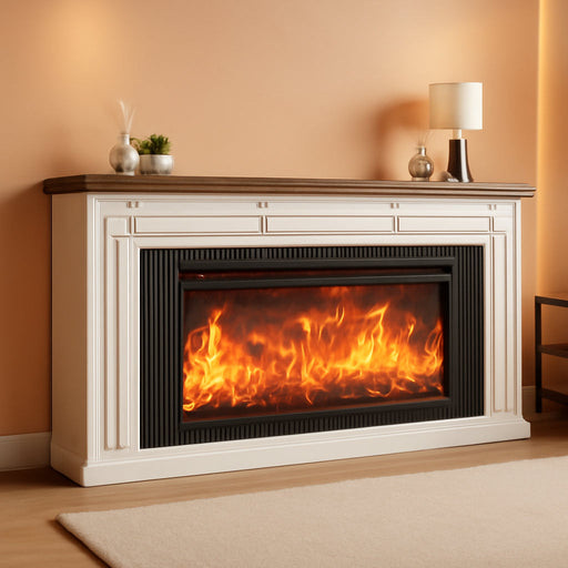 70'' Fireplace TV Stand with 42'' Electric Fireplace, Farmhouse TV Stand for 65 75 Inch TV, Entertainment Center TV Console with 3 Drawers, Fluted Design, for Living Room, Distressed White