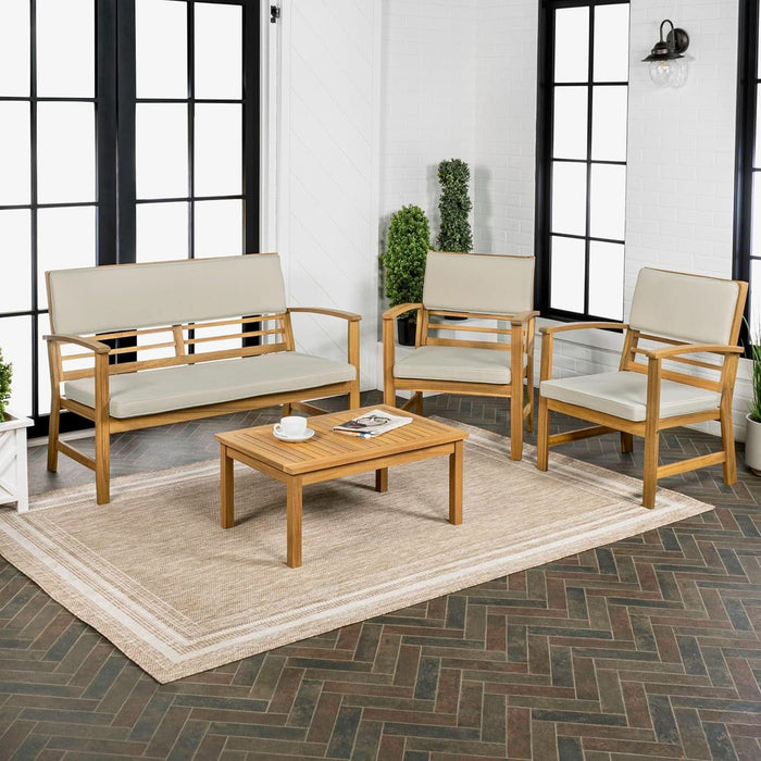 LVG1000A-4SET Barclay 4-Piece Modern Coastal Acacia Wood Conversation Outdoor Patio Set with Cushions Transitional, Classic, Traditional, Vintage, Mid-Century, Light Gray/Teak Brown