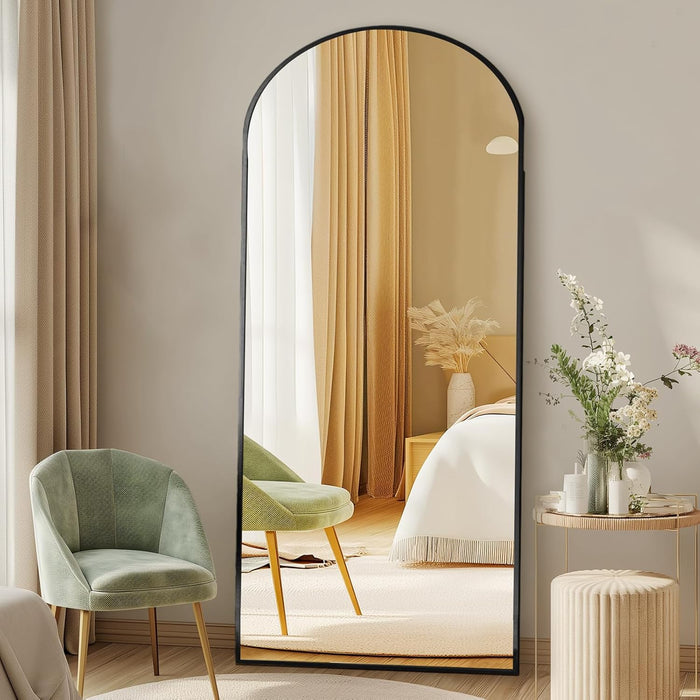 Arched Full Length Mirror with Stand Floor Standing Aluminum Frame for Bedroom Body Hanging Leaning Modern Simple Home Decor Shatter-Proorf Nano Glass Wall Living Room Cloakroom Black 56"X21"