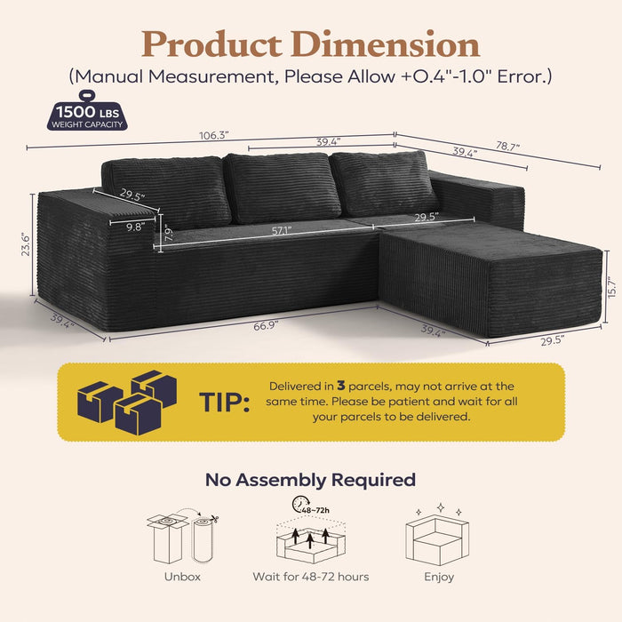 106 Inch Modular Sectional Sofa Black CorduroyFabric
