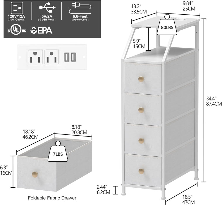 Narrow Dresser Tall Skinny Storage Tower Vertical Slim Chest of Drawers with Charging Station Small Nightstand Side Table for Bedroom, Bathroom, Small Spaces (White, 4 Drawers)