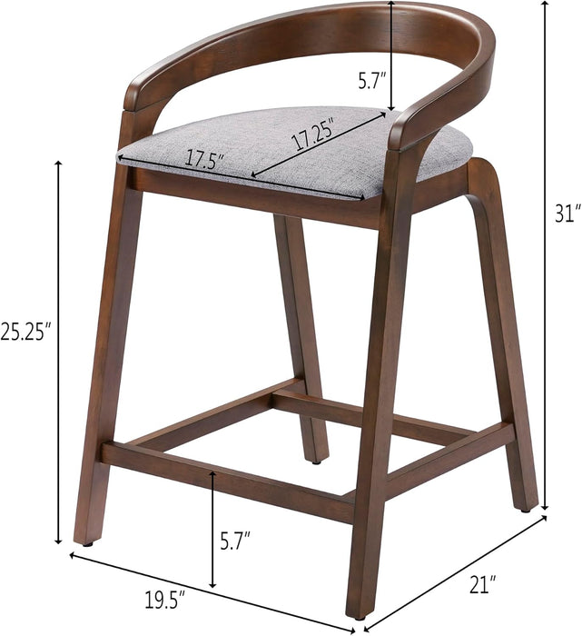 Alame 25.25''H Rubberwood Barstools Set of 2, Curved Backrest Counter Stool, Upholstery Bar Chair, Sturdy Structure Counter Stool Chair for Kitchen Home Bar, Light Gray+Natural