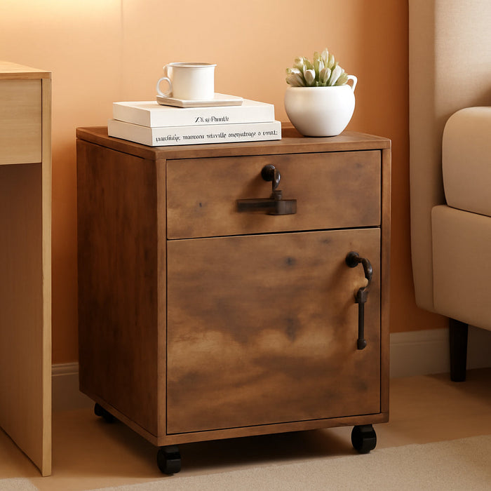 Mobile File Cabinet with Lockable Drawer & Door, under Desk Rolling Filing Cabinet with 4 Wheels, Wooden Stationery Storage Cabinet for Home Office (Rustic Brown)