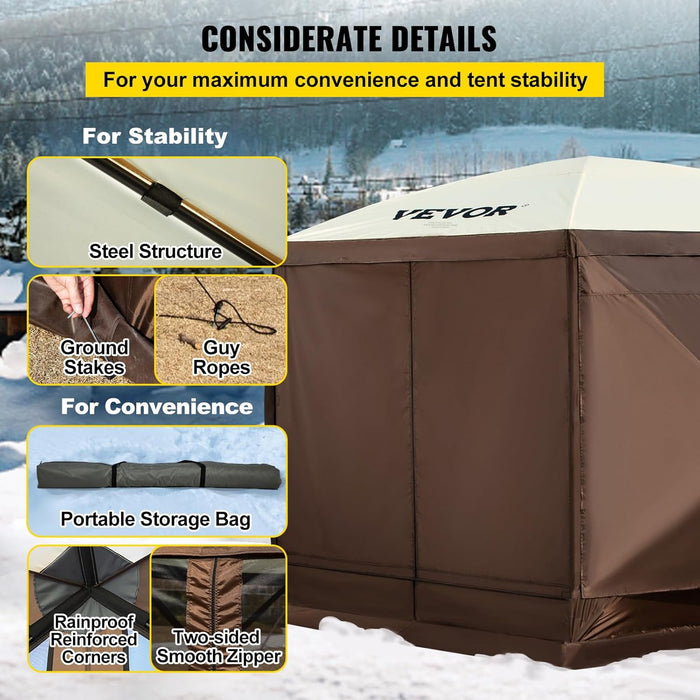 12 * 12Ft 6 Sided Pop-Up Canopy Shelter Tent with Mesh Windows, Portable Carry Bag, Stakes, Large Shade Tents for Outdoor Camping, Lawn and Backyard, Brown/Beige