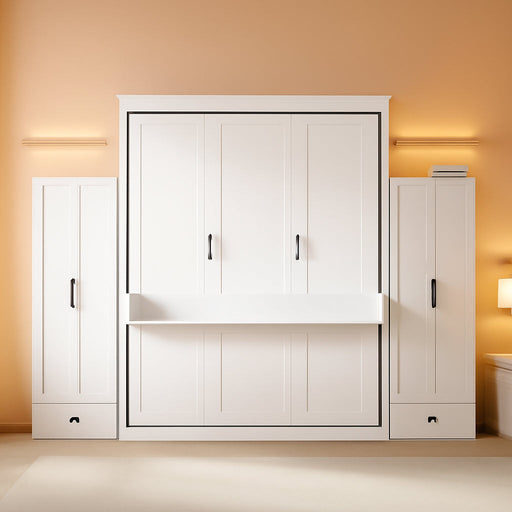 Queen Size Murphy Bed with Desk & One Slide Storage Shelf & 68-Inch Wall Bedframe Folding into Cabinet Design,For Small Space,Bedroom,Guest Room, White