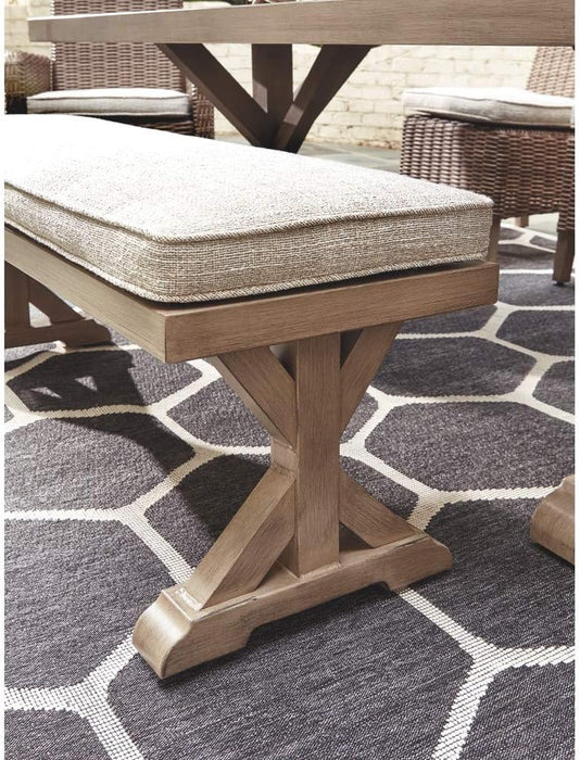 Beachcroft Patio Farmhouse Outdoor Upholstered Dining Bench, Beige