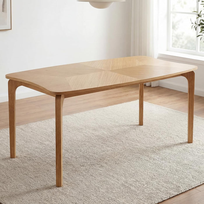 Mid-Century 63" Oak Color Dining Table with Curved Edges | Modern Solid Wood Legs Rectangular 6-Person Kitchen Table for Dining Room Living Room