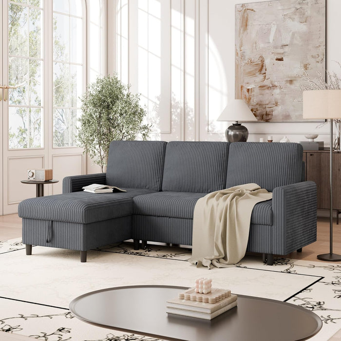 Dark Grey Corduroy Sleeper Sofa With HiddenStorage