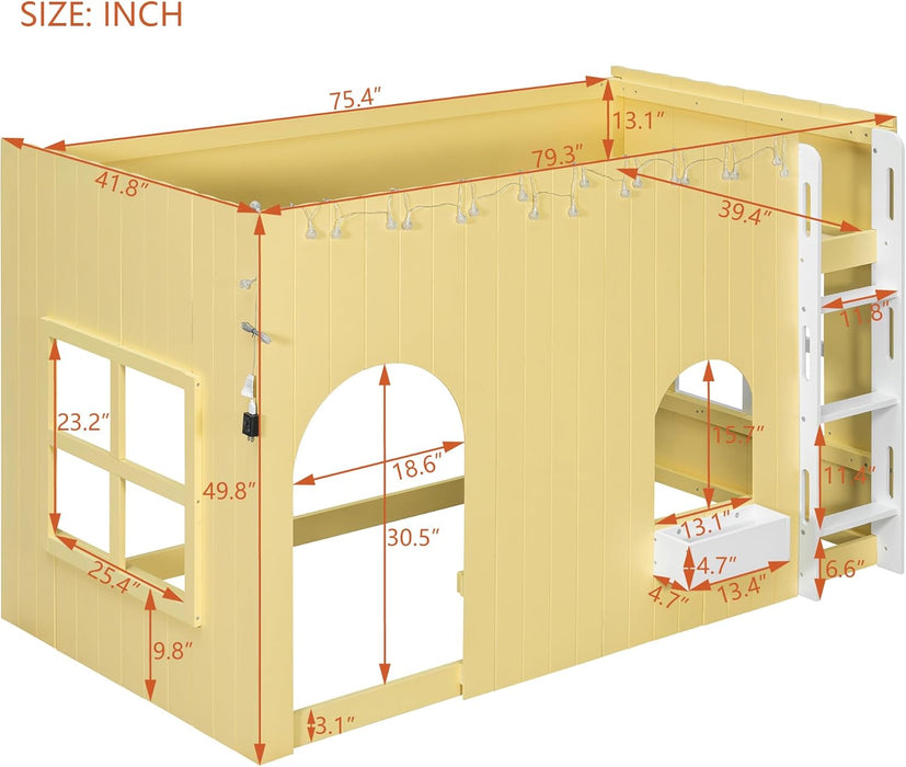 Twin-Size Solid-Wood Loft Bed With LED-Illuminated Yellow