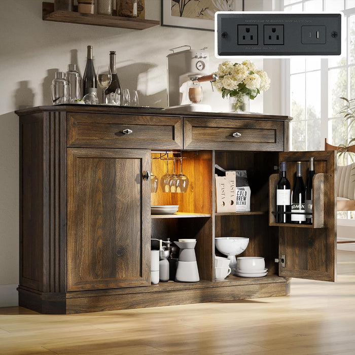 47" Wine Bar Cabinet with LED Light & Power Outlets, 2 Door Coffee Bar Cabinet with 2 Drawers, Sideboard Buffet Cabinet with Storage, Liquor Cabinet for Home Bar, Kitchen Living Room, Walnut Brown