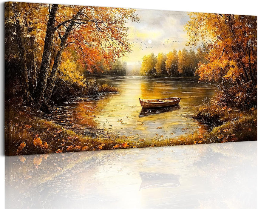 Fall Wall Art, Landscape Wall Art, Large Wall Decor, Lake Boat Forest Canvas Art Prints, Gold Autumn Nature Pictures, Rustic Paintings for Living Room Bedroom Dining Room Office Farmhouse 29"X57"