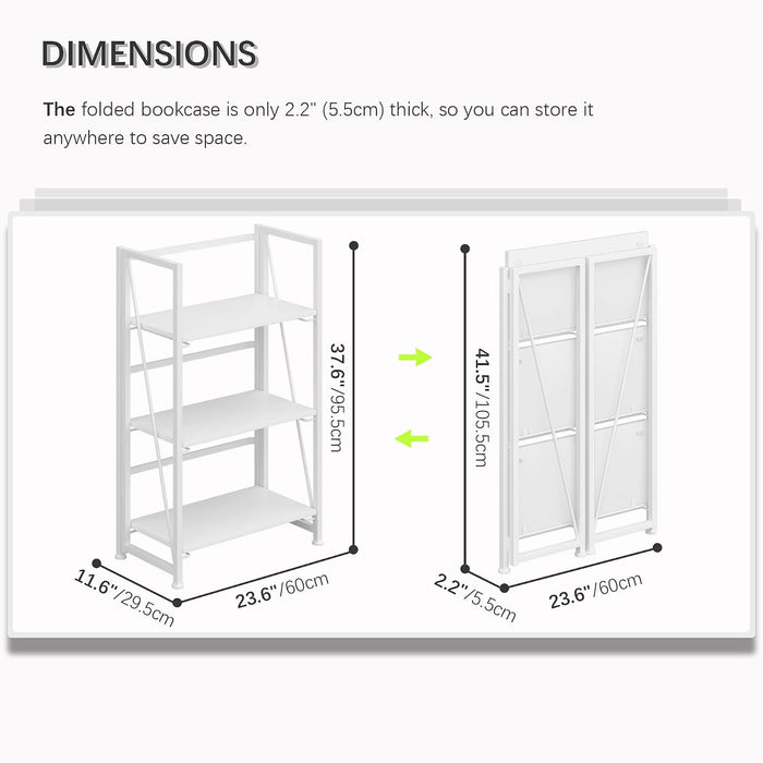 No Assembly Folding Bookshelf Storage Shelves 3 Tier Vintage Bookcase Standing Racks for Bedroom Living Room Home Office