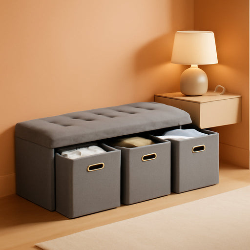 Storage Ottoman with 3 Drawers, 40 Inches Long Foldable Tufted Linen Large Bench Ottoman with Storage, Foot Rest Stool Seat, for Living Room, Bedroom, Entryway, Gray