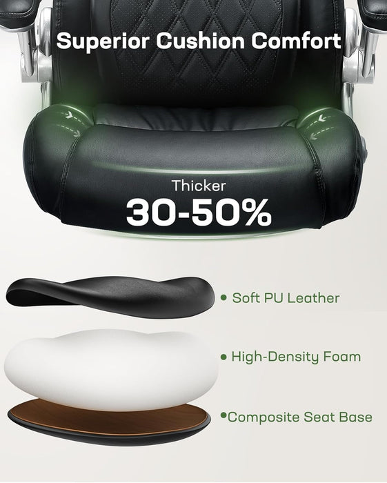Comfortable-Office Chair with Dynamic-Lumbar Support: High Back PU Leather Executive Office Chair with Flip-Up Arms Tilt Function, Ergonomic Executive Desk Chair for Home Office Work, Black