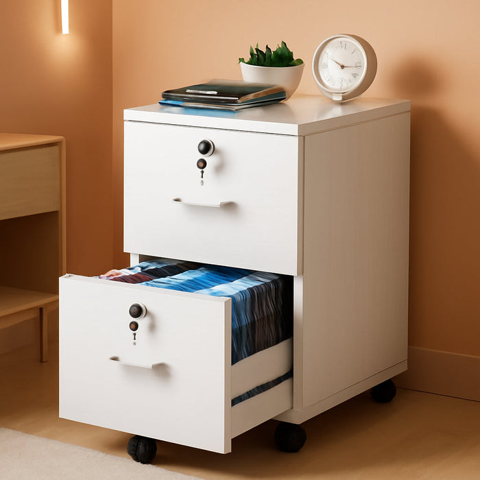 2 Drawer File Cabinet with Lock, Wood Grain White File Cabinet for Letter Size File Folders with Tabs, Mobile under Desk File Cabinets for Home Office, Rolling Filing Cabinet Printer Stand