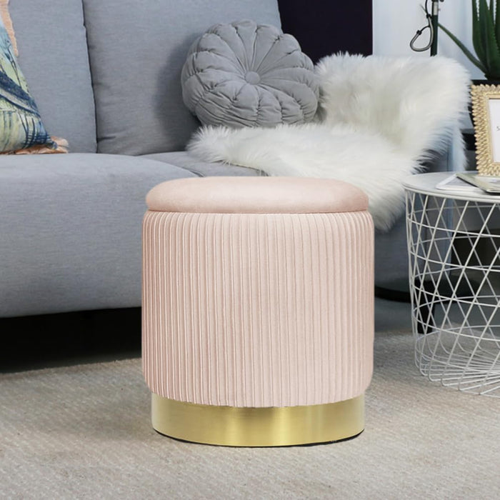 Round Ottoman with Storage Set of 2 Upholstered Velvet Vanity Stool for Living Room Storage Ottomans Multifunctional Foot Rest (Pink)