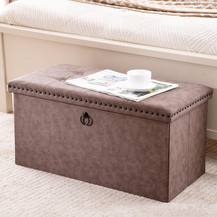 30 Inches Storage Ottoman Bench, Foldable Foot Rest with Rivet Design, 15 X 30 X 15 Inches, End of Bed Bench Footstool, Storage Chest, Load up to 330 Lb, for Living Room, Bedroom, Entryway, Oak Brown