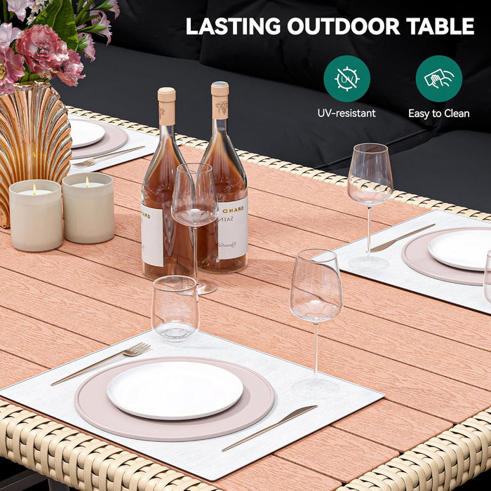 Patio Wicker L-Shaped Furniture Set, All-Weather Rattan Outdoor Conversation Sofa Set for Backyard Deck with Soft Cushions,Ottomans and Plastic Wood Dining Table (Light Brown+Black)