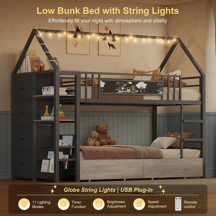 Bunk Bed Twin over Twin with Storage Drawers and Globe String Lights House Shaped Low Bunk Bed with Montessori Bookshelf Metal Bunk Beds for Kids with Ladder and Guardrail,Space Saving, Black