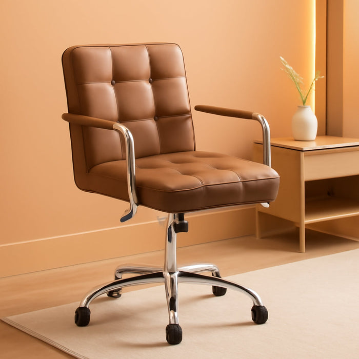 Desk Chair Modern Office Chair with Wheels Vanity Chair PU Leather Mid-Back Rolling Chair Cute Chair for Office, Teen, and Bedroom Desks (Brown)