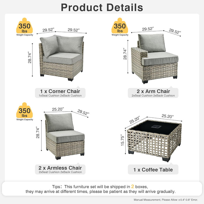 WEAXTY 6 Pieces Wicker Patio Furniture,Outdoor Sectional Furniture Set with Cushions and Luminous Coffee Table,All-Weather Conversation Sets Patio Furniture(Dark Gray)