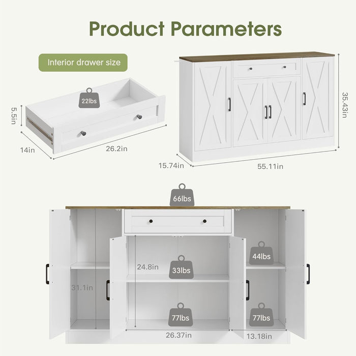Sideboard Buffet Cabinet with Storage, Wood Modern Farmhouse Kitchen Cabinets with Doors and Drawer for Living Room, Hallway, Entryway (Oak White)