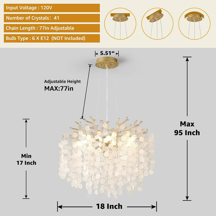 18-Inch Coastal Chandelier 6-Light Gold Tree Branch Crystal Chandelier
