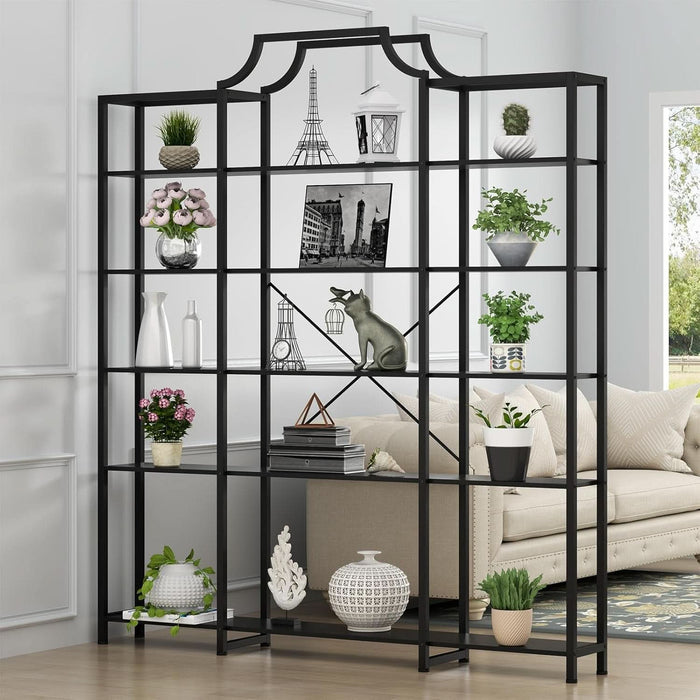 Triple Wide 5-Tier Bookshelf, 70.87" L X 79.13" H Extra Large Bookcase, Tall Open Etagere Display Shelf with Metal Frame, Freestanding Modern Storage Shelves for Home Office (Black)