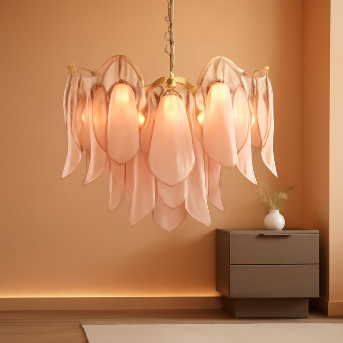 Modern Chandelier, 20" Gold Dining Room Chandelier with Handcrafted Glass Petal Design, 6-Light Hanging Ceiling Light Fixture, 3 Color Adjustable Pendant Lamp for Kitchen Island, Bedroom, Foyer