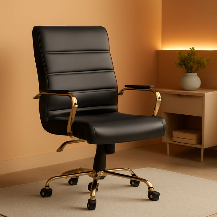 Whitney High-Back Swivel Leathersoft Desk Chair with Padded Seat and Armrests, Adjustable Height Padded Office Chair, Black/Gold