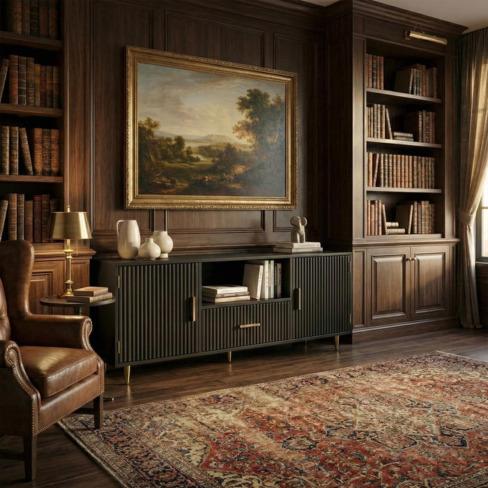 Modern Fluted TV Stand for 55/60/65 Inch TV, 57" Entertainment Center Media Console Table with Drawer & Storage Cabinets, Ribbed Design TV Cabinet Credenza for Living Room, Black