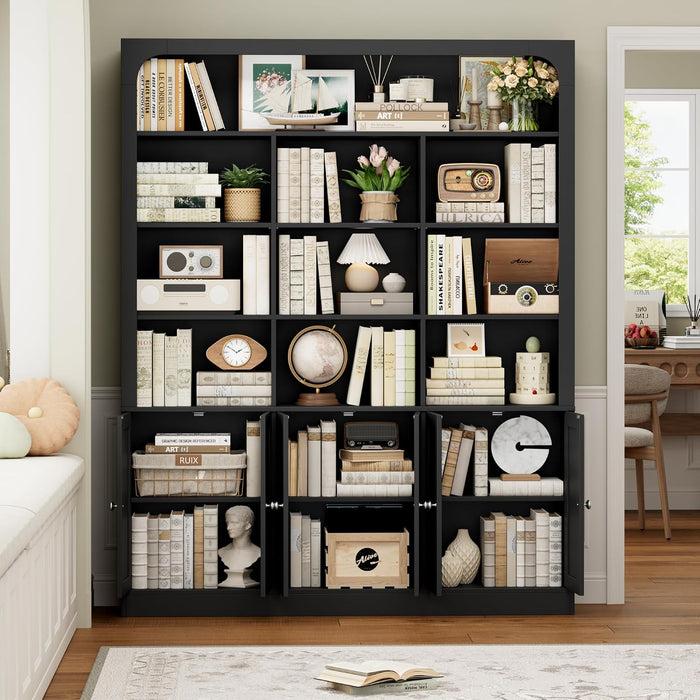 70.9" Bookcase Tall Bookshelf with Doors, Triple Wide Bookshelves