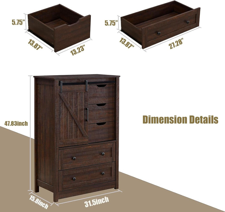 Farmhouse 5 Drawers Dresser for Bedroom, 48" Tall Dresser W/Sliding Barn Door, Rustic Dresser 5 Chest of Drawers, Storage Organizer Dresser for Bedroom, Hallway, Living Room, Dining Room, Espresso