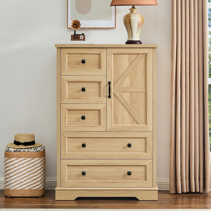 Dresser for Bedroom, Farmhouse Dresser with 5 Wooden Drawers and Storage Cabinet, 48 Inches Tall Chest of Drawers for Bedroom, Natural Oak