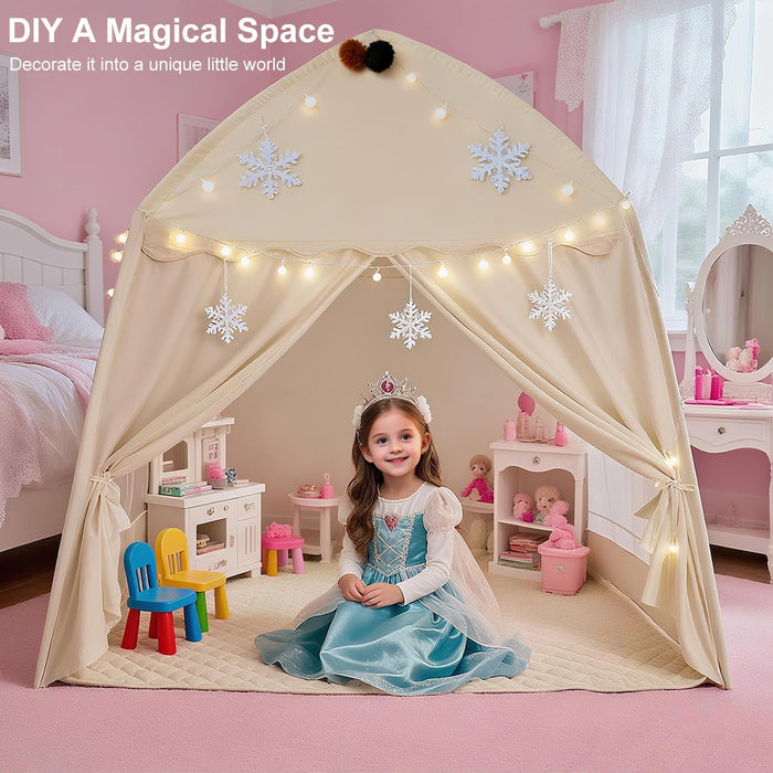 Large Kids Play Tent Indoor with Padded Mat Lights - 59X39X59In Teepee Playhouse with Flags Storage Bag - Cozy Reading Nook Nap Bed Tent - Birthday Gift for Toddlers Boys Girls