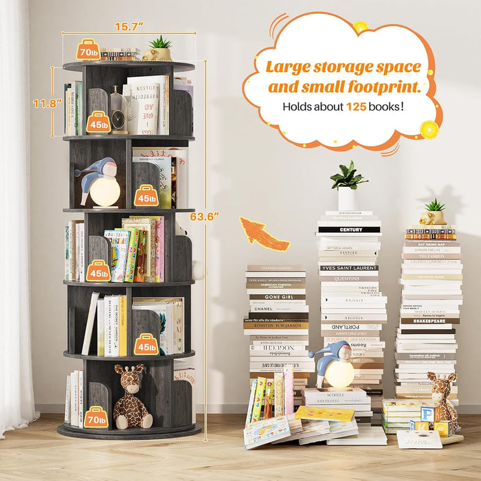 Rotating Bookshelf, 5 Tier Wood Spinning Bookshelf Tower,Black Oak