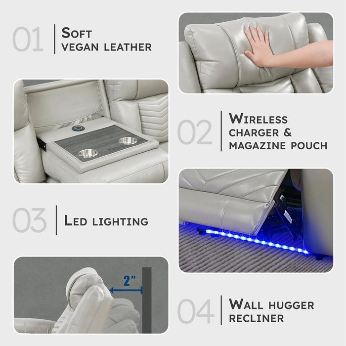 Wll Hugger Power Double Reclining Sof with Center Drop-Down Tble, Fux Lether Home Theter Seting with LED Lighting/Usb Chrging Ports/Wireless Chrger/Cup Holders, Mgzine Pocket, Gry