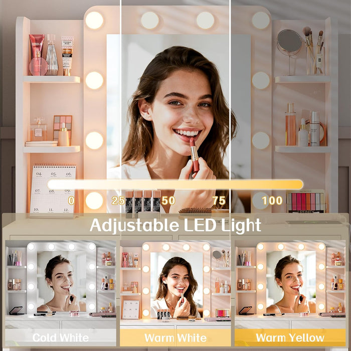Makeup Vanity Desk with Mirror, 10 LED Lights and Charging Station, White Vanity with Adjustable Lighting, Dressing Table Set with Storage Chair Drawers Shelves for Bedroom