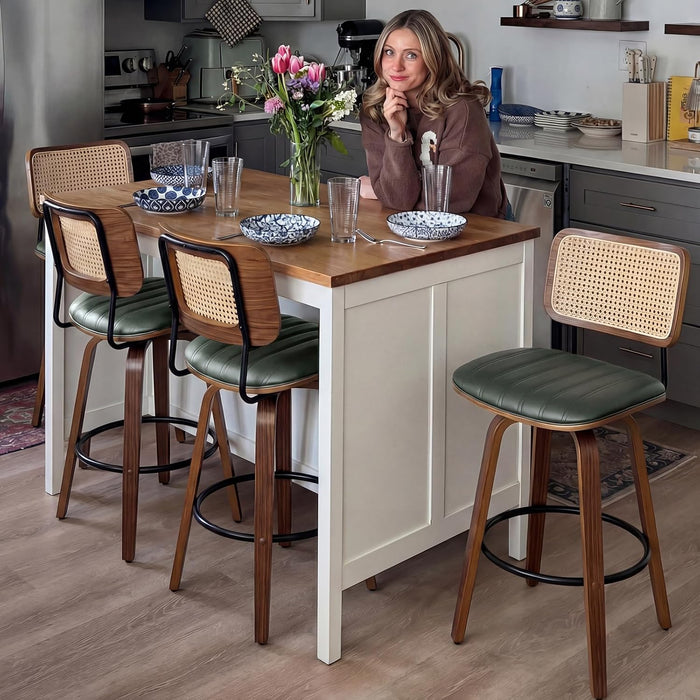 Swivel Bar Height Stools, Mid Century Modern Bar Stools with Curved Back | Solid Bentwood Frame, Walnut Finish, Cane Back, PU Leather Upholstered Seat, Kitchen Barstools for Bar, Cafe, Pub, Restaurant